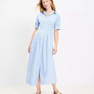 LOFT Blue and White Stripe Pleated Bodice Midi Shirtdress | size 14